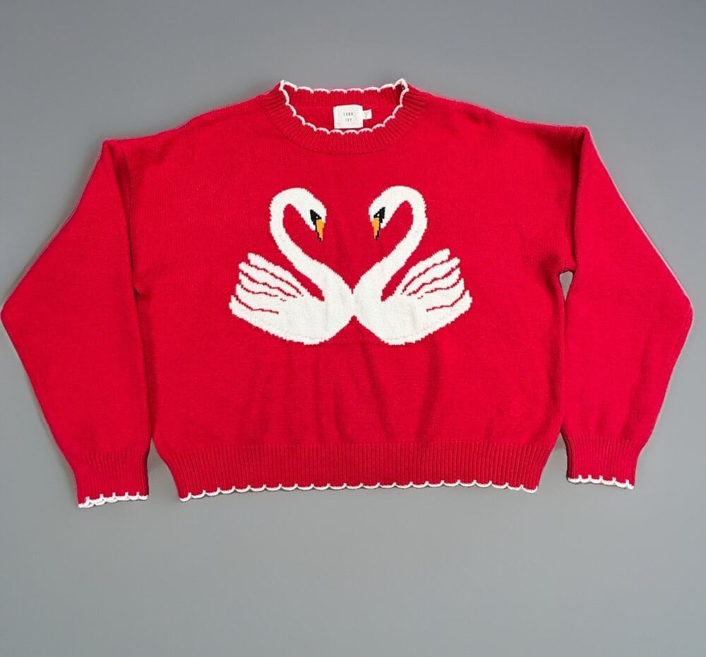 Luna Ivy Red Swan Knit Crop 'ish' Sweater Scalloped Trim Women Size Medium - Picture 1 of 8